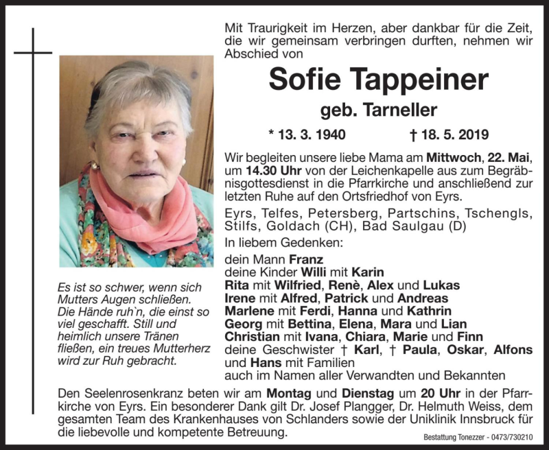 Traueranzeige für Sofie Tappeiner vom 20.05.2019 aus Dolomiten