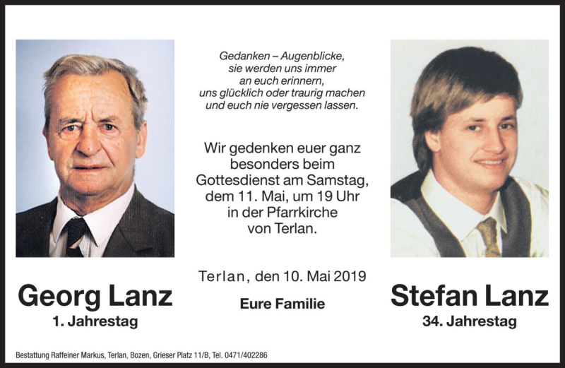  Traueranzeige für Stefan Lanz vom 10.05.2019 aus Dolomiten