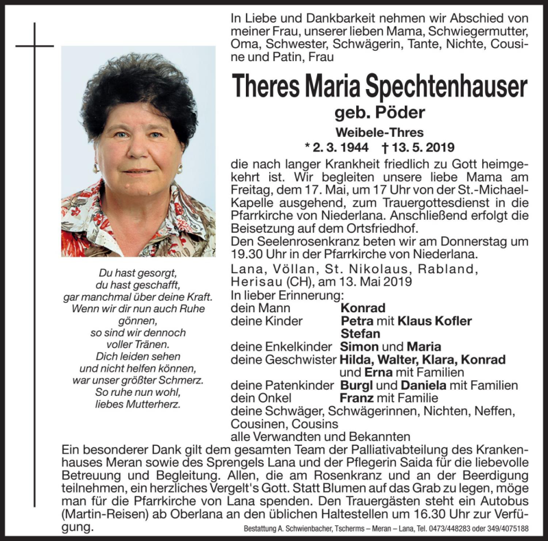  Traueranzeige für Theres Maria Spechtenhauser vom 15.05.2019 aus Dolomiten