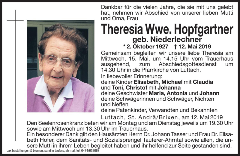  Traueranzeige für Theresia Hopfgartner vom 13.05.2019 aus Dolomiten