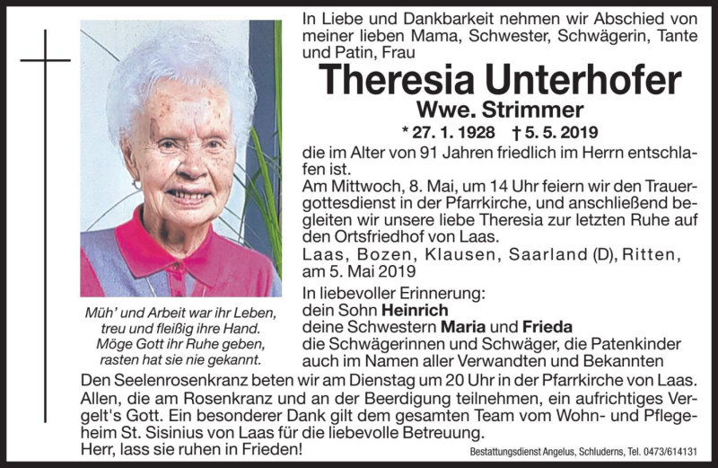  Traueranzeige für Theresia Strimmer vom 07.05.2019 aus Dolomiten