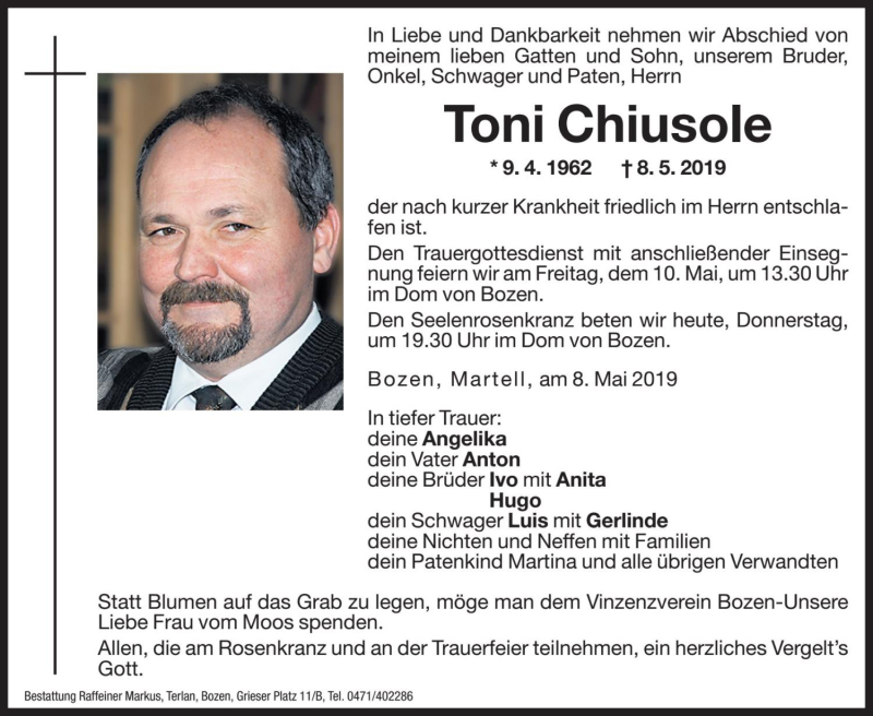  Traueranzeige für Toni Chiusole vom 09.05.2019 aus Dolomiten