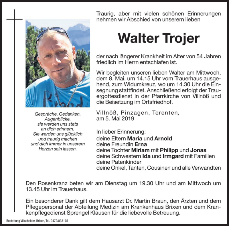  Traueranzeige für Walter Trojer vom 06.05.2019 aus Dolomiten
