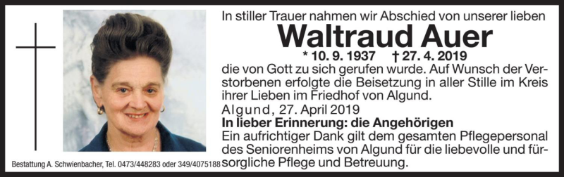  Traueranzeige für Waltraud Auer vom 10.05.2019 aus Dolomiten