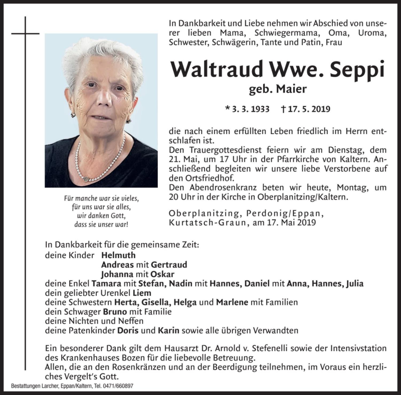  Traueranzeige für Waltraud Seppi vom 20.05.2019 aus Dolomiten