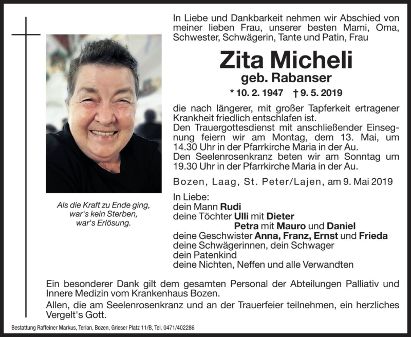  Traueranzeige für Zita Micheli vom 10.05.2019 aus Dolomiten