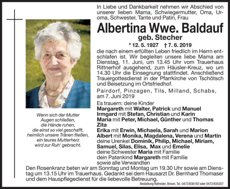  Traueranzeige für Albertina Baldauf vom 08.06.2019 aus Dolomiten