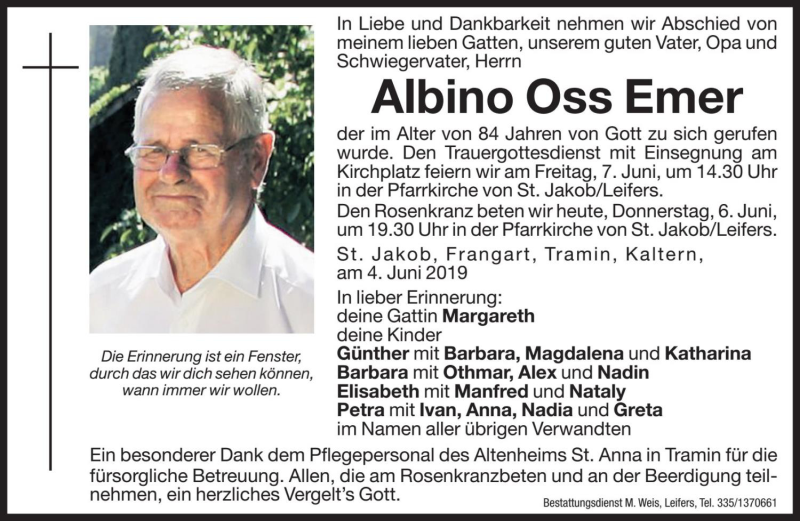  Traueranzeige für Albino Oss Emer vom 06.06.2019 aus Dolomiten