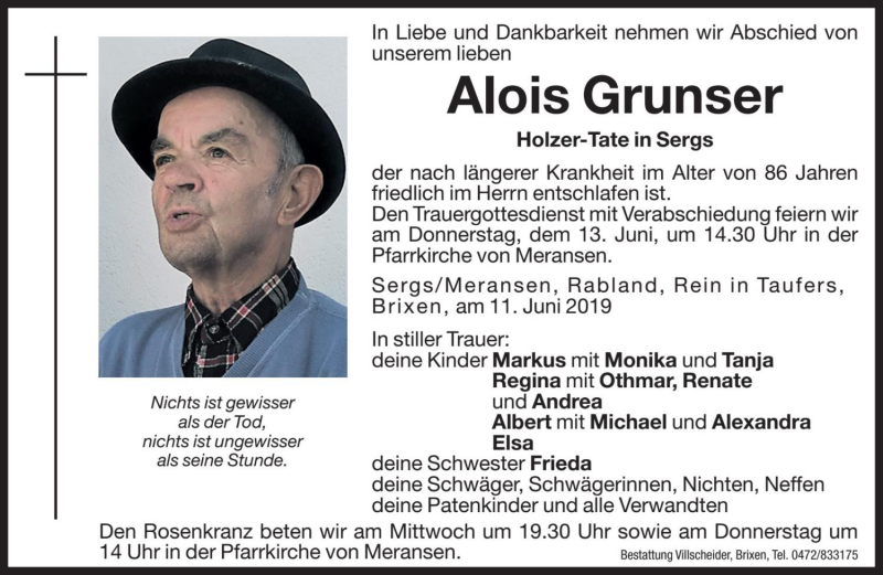  Traueranzeige für Alois Grunser vom 12.06.2019 aus Dolomiten