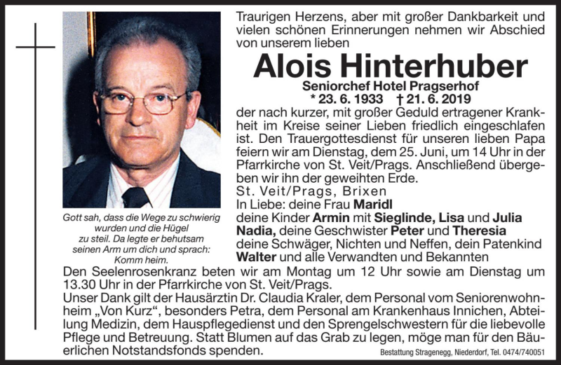  Traueranzeige für Alois Hinterhuber vom 22.06.2019 aus Dolomiten
