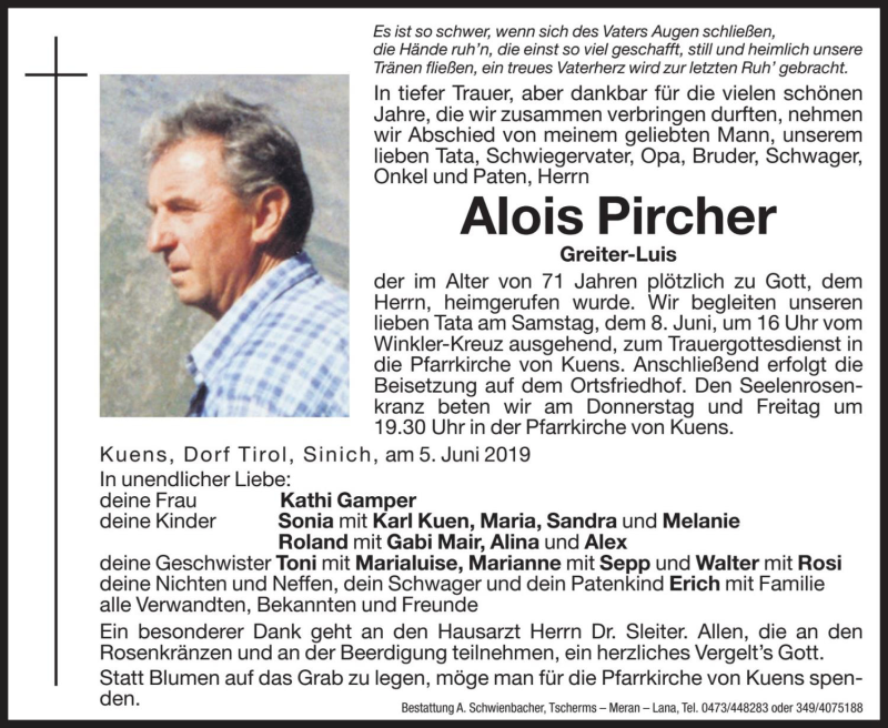  Traueranzeige für Alois Pircher vom 07.06.2019 aus Dolomiten