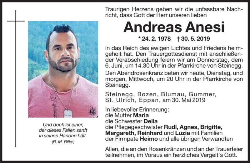  Traueranzeige für Andreas Anesi vom 04.06.2019 aus Dolomiten