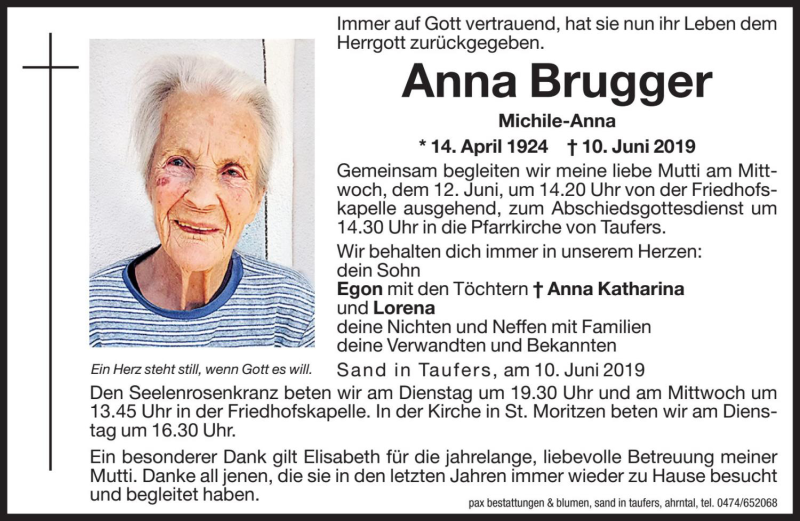  Traueranzeige für Anna Brugger vom 11.06.2019 aus Dolomiten