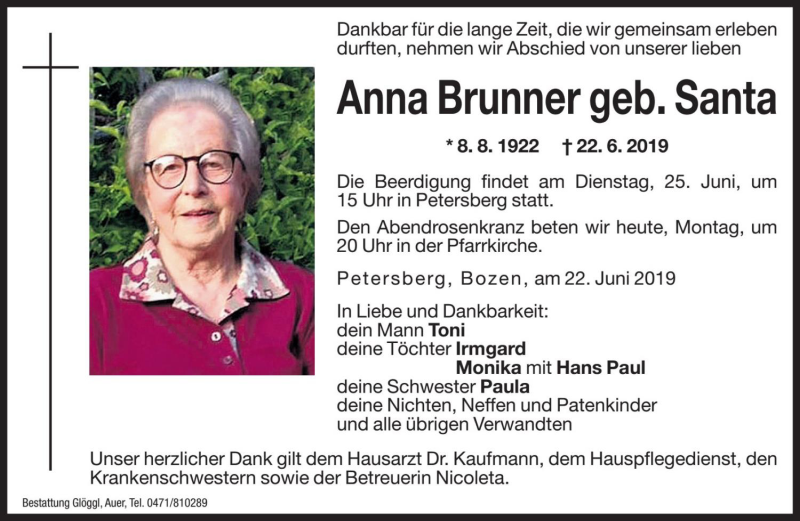  Traueranzeige für Anna Brunner vom 24.06.2019 aus Dolomiten