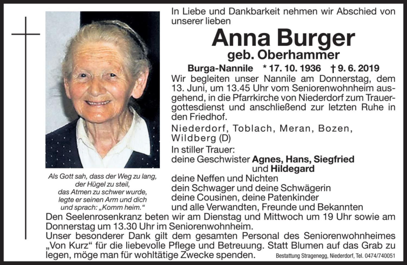  Traueranzeige für Anna Burger vom 11.06.2019 aus Dolomiten