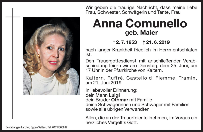  Traueranzeige für Anna Comunello vom 22.06.2019 aus Dolomiten