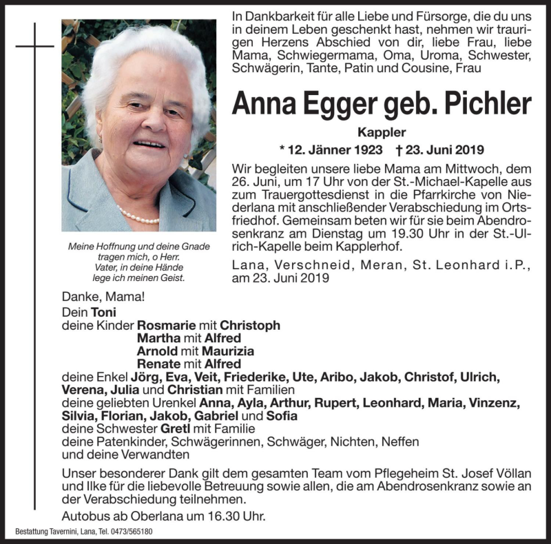  Traueranzeige für Anna Egger vom 24.06.2019 aus Dolomiten