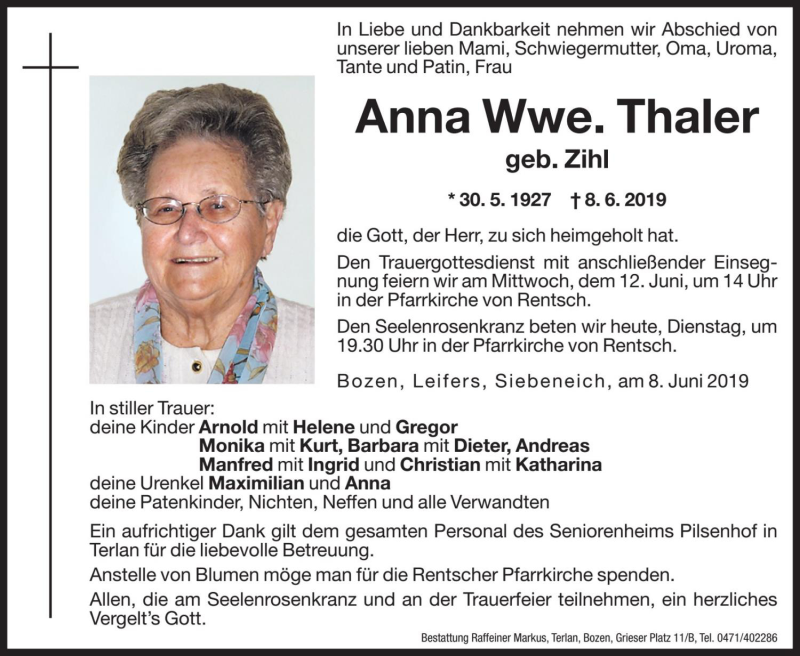  Traueranzeige für Anna Thaler vom 11.06.2019 aus Dolomiten