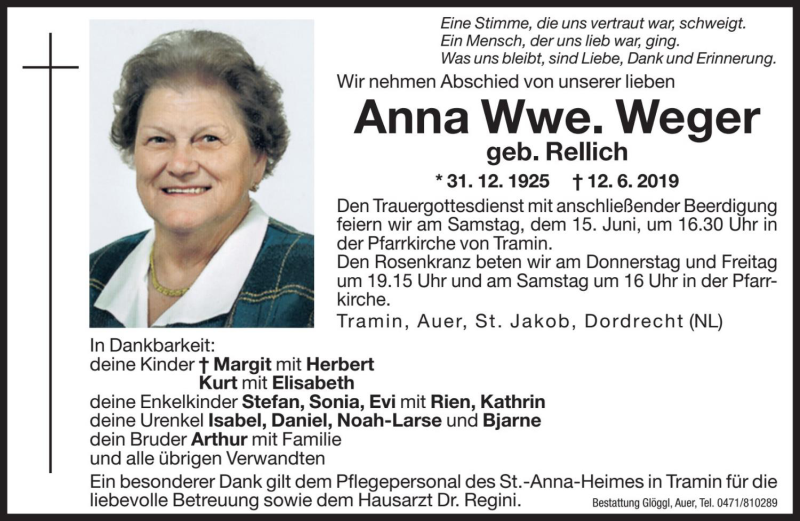  Traueranzeige für Anna Weger vom 13.06.2019 aus Dolomiten
