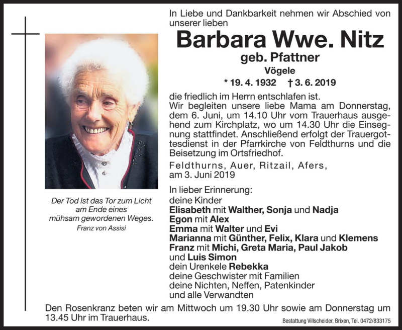  Traueranzeige für Barbara Nitz vom 05.06.2019 aus Dolomiten