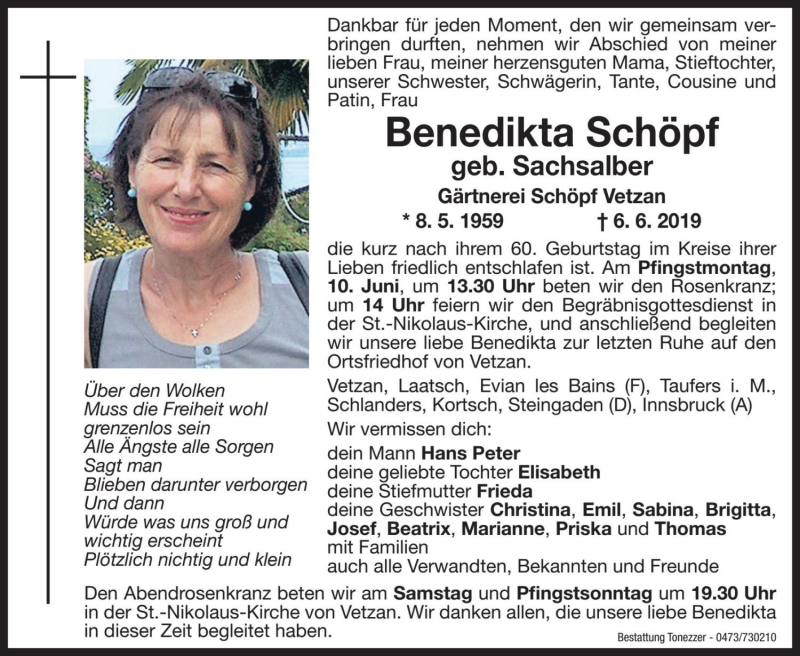  Traueranzeige für Benedikta Schöpf vom 08.06.2019 aus Dolomiten