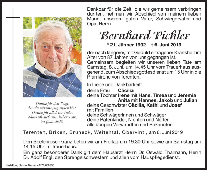  Traueranzeige für Bernhard Pichler vom 07.06.2019 aus Dolomiten