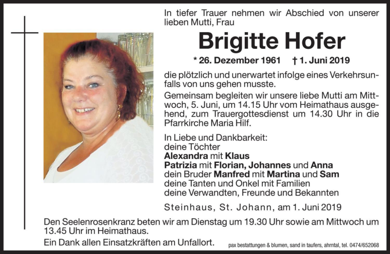  Traueranzeige für Brigitte Hofer vom 04.06.2019 aus Dolomiten
