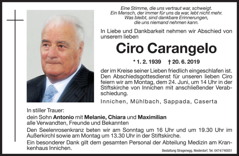  Traueranzeige für Carangelo Ciro vom 22.06.2019 aus Dolomiten
