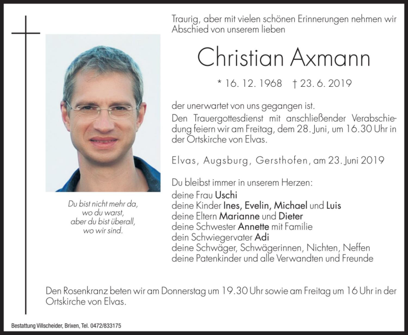  Traueranzeige für Christian Axmann vom 26.06.2019 aus Dolomiten