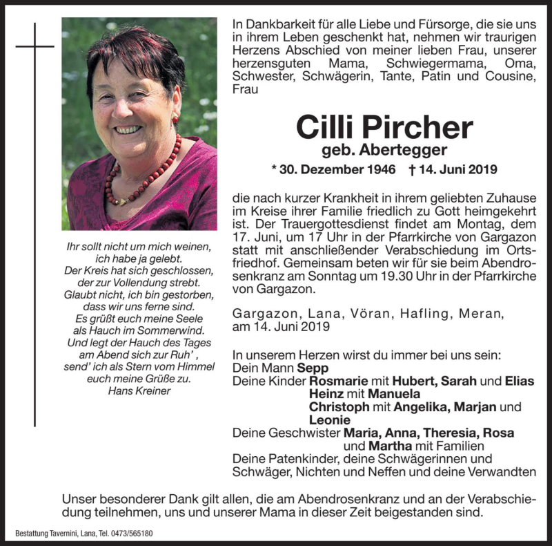  Traueranzeige für Cilli Pircher vom 15.06.2019 aus Dolomiten