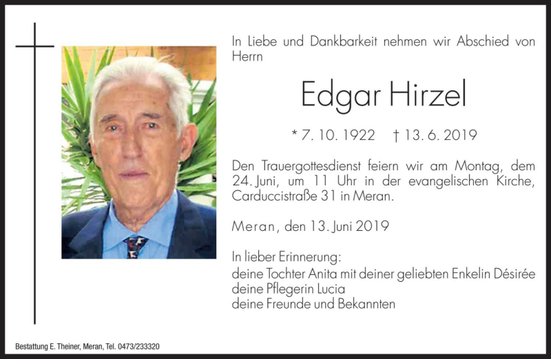  Traueranzeige für Edgar Hirzel vom 21.06.2019 aus Dolomiten