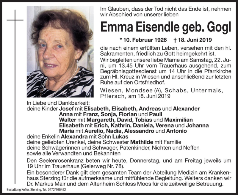  Traueranzeige für Emma Eisendle vom 20.06.2019 aus Dolomiten