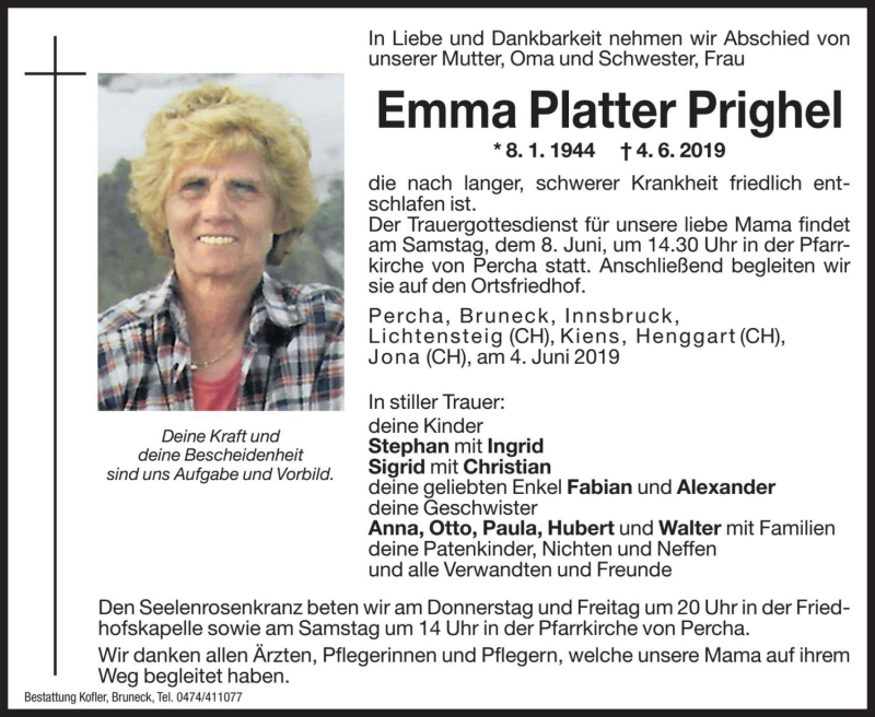  Traueranzeige für Emma Platter Prighel vom 06.06.2019 aus Dolomiten