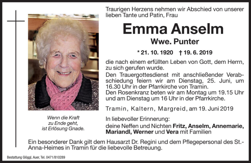  Traueranzeige für Emma Punter vom 22.06.2019 aus Dolomiten