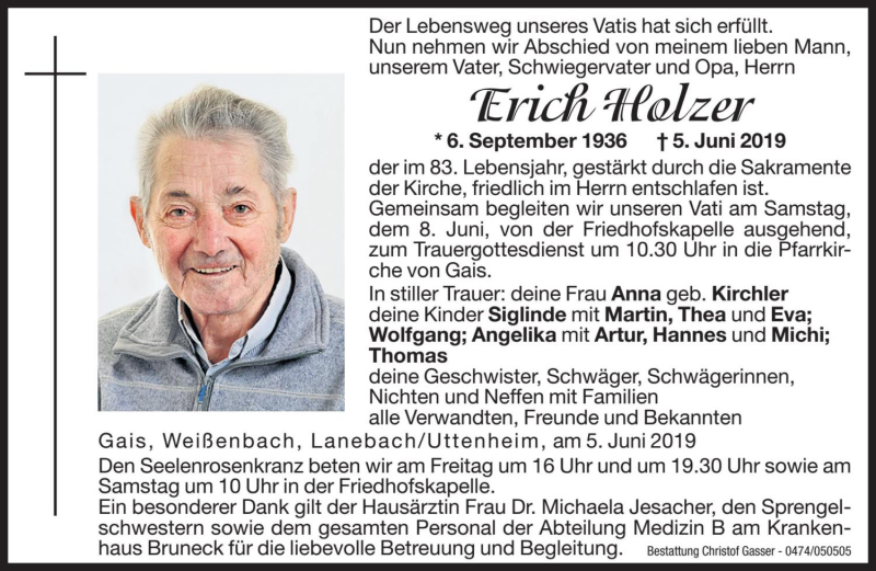  Traueranzeige für Erich Holzer vom 07.06.2019 aus Dolomiten
