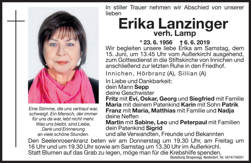  Traueranzeige für Erika Lamp vom 13.06.2019 aus Dolomiten