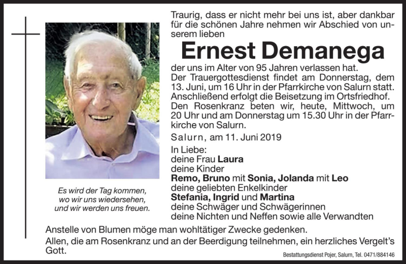  Traueranzeige für Ernest Demanega vom 12.06.2019 aus Dolomiten