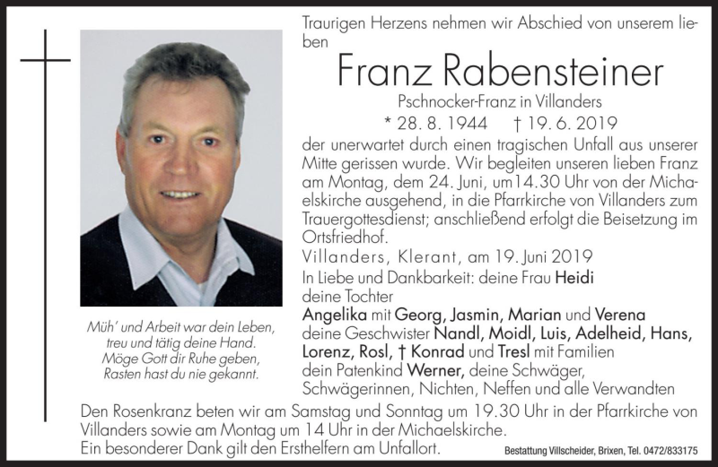 Traueranzeige für Franz Rabensteiner vom 22.06.2019 aus Dolomiten