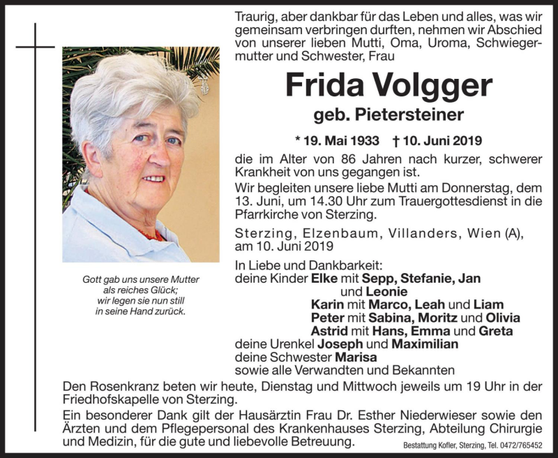  Traueranzeige für Frida Volgger vom 11.06.2019 aus Dolomiten