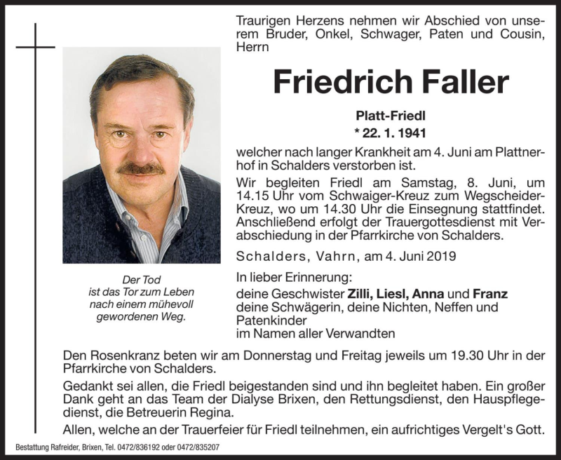 Traueranzeige für Friedrich Faller vom 06.06.2019 aus Dolomiten