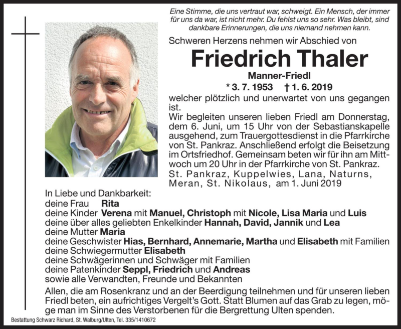  Traueranzeige für Friedrich Thaler vom 05.06.2019 aus Dolomiten