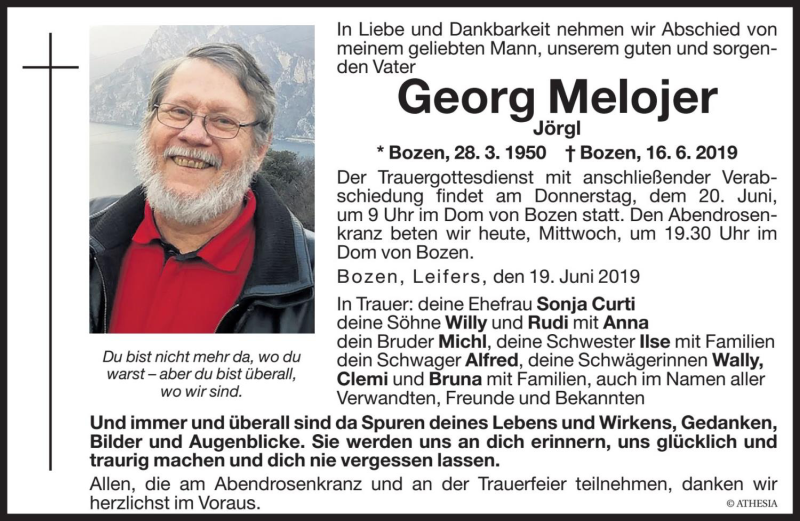  Traueranzeige für Georg Melojer vom 19.06.2019 aus Dolomiten