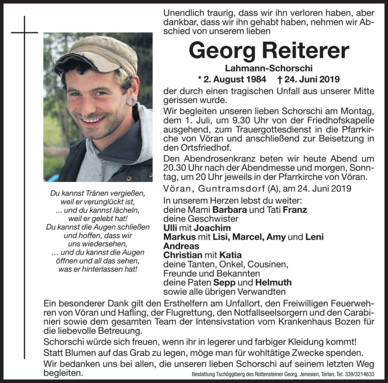  Traueranzeige für Georg Reiterer vom 29.06.2019 aus Dolomiten