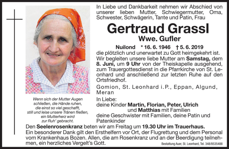  Traueranzeige für Gertraud Gufler vom 07.06.2019 aus Dolomiten