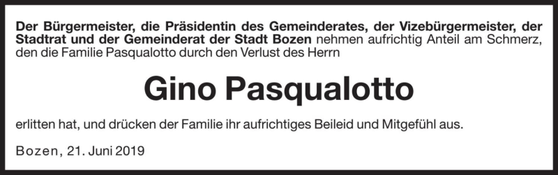  Traueranzeige für Gino Pasqualotto vom 21.06.2019 aus Dolomiten