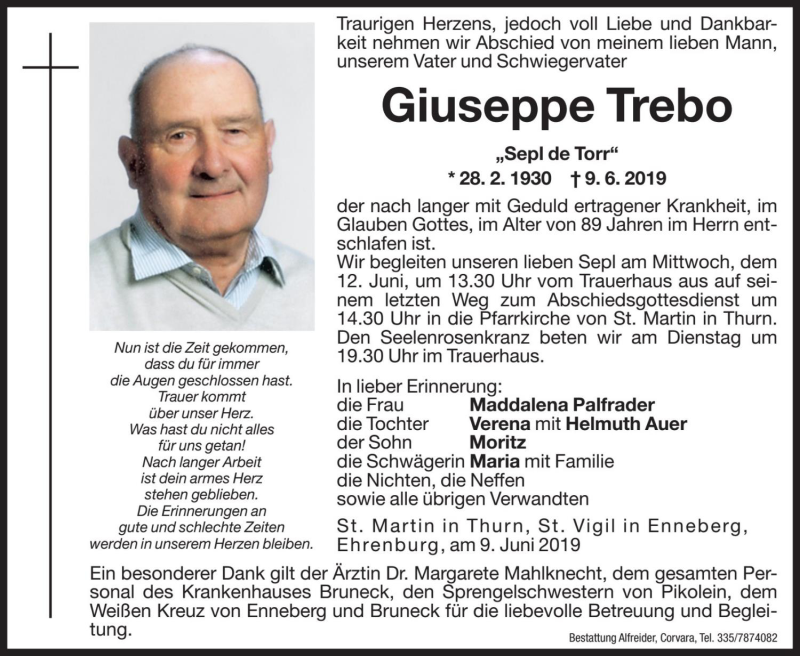  Traueranzeige für Giuseppe Trebo vom 11.06.2019 aus Dolomiten