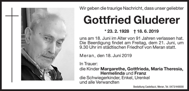  Traueranzeige für Gottfried Gluderer vom 20.06.2019 aus Dolomiten