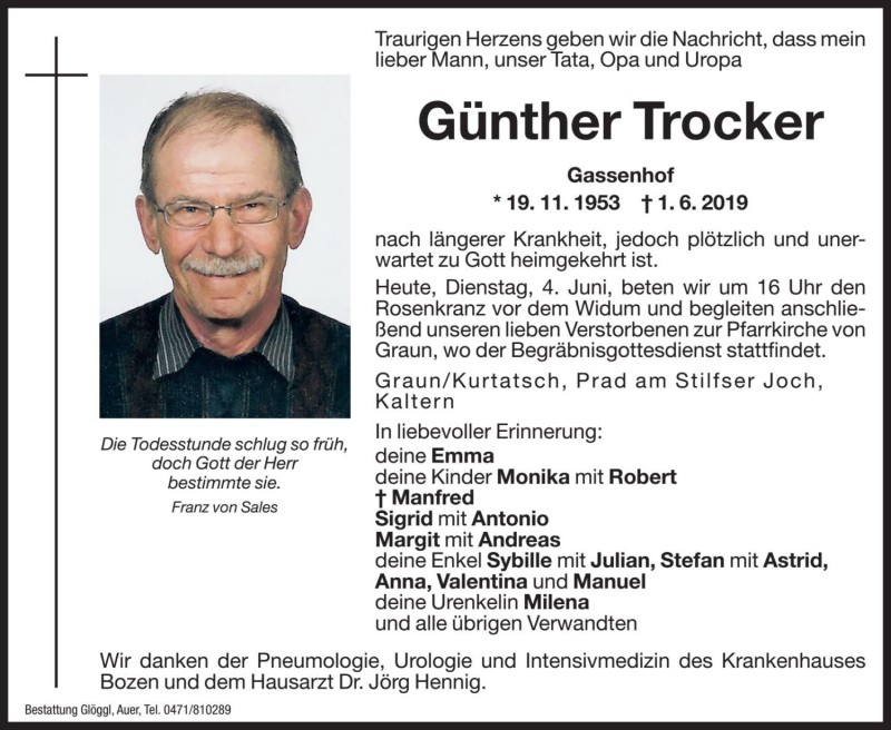  Traueranzeige für Günther Trocker vom 04.06.2019 aus Dolomiten