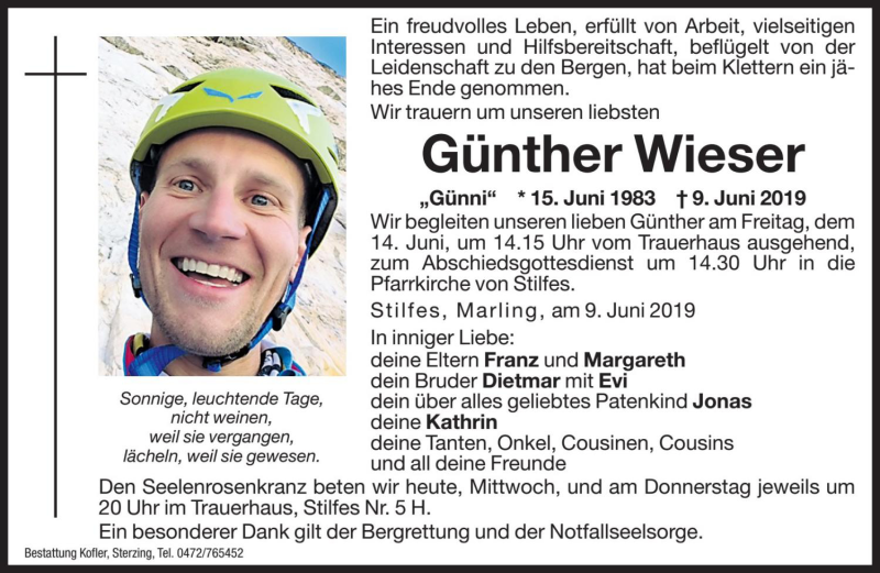  Traueranzeige für Günther Wieser vom 12.06.2019 aus Dolomiten