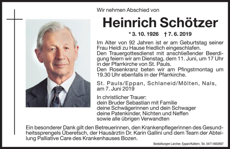  Traueranzeige für Heinrich Schötzer vom 08.06.2019 aus Dolomiten